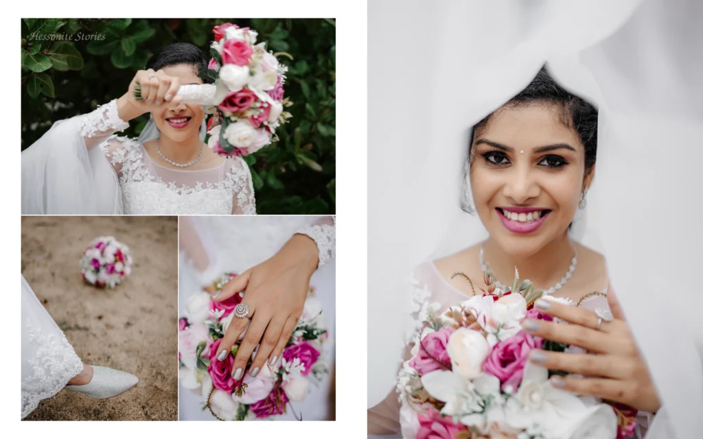 A four frame collage of a bride with bokka in hand